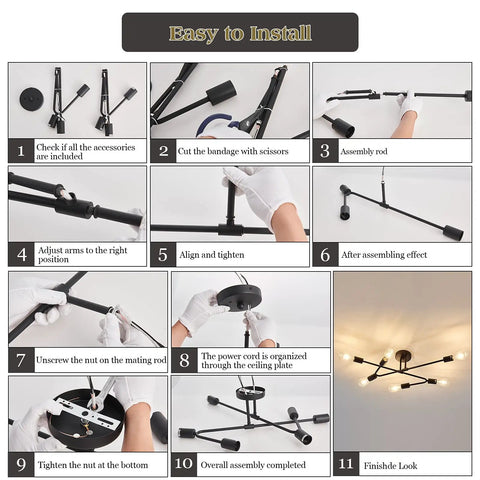 Installation steps for Six Light Vintage Sputnik Chandelier In Matte Black Metal Semi Flush Mount Ceiling Light Fixture