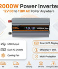 Beast Mode 2000W Power Inverter 4000W Peak Convert 12V DC To 120V AC with smart LCD screen and dual USB fast chargers.