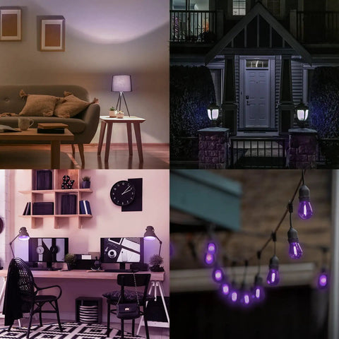 Purple S14 Edison LED Light Bulbs 0.5W for indoor outdoor string lights in various home and garden settings