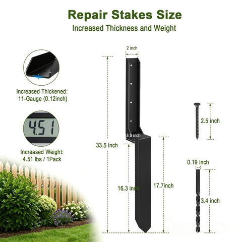 Heavy Duty Fence Post Repair Kit With Rock Solid H Shaped Steel Extenders And Dead Simple Ground Spike Anchors To Keep Your Outdoor Boundary Posts Upright size and thickness details