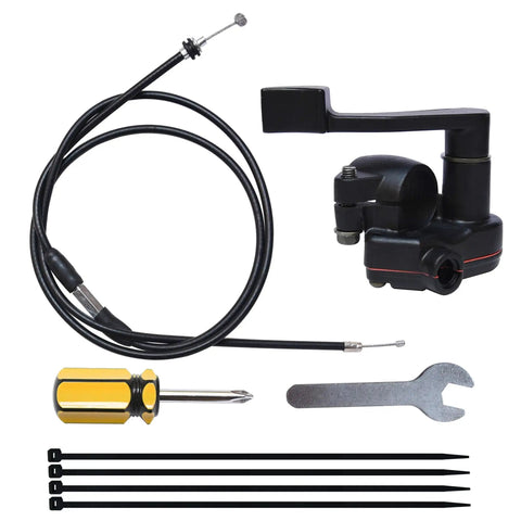 7/8 Inch Thumb Throttle Cable Assembly for ATV and Go Kart shown with tools and ties for installation
