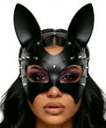 Premium Black Leather Rivet Cat Masquerade Mask Featuring Adjustable Back Buckle Dope Vibe Rave Gear Halloween Costume Eye Accessory For Adults And Teens.