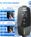 Display features of Level 2 EV Charger 40 Amp 240 V 9.6 kW Portable Home Charging Station with adjustable current and timing delay.