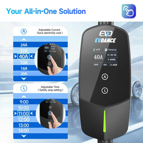 Display features of Level 2 EV Charger 40 Amp 240 V 9.6 kW Portable Home Charging Station with adjustable current and timing delay.