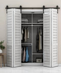 Closet with 52 Inch Bi Folding Sliding Barn Door Hardware Track Kit For Small Spaces With Smooth And Quiet Operation Side Mounted Black Rollers