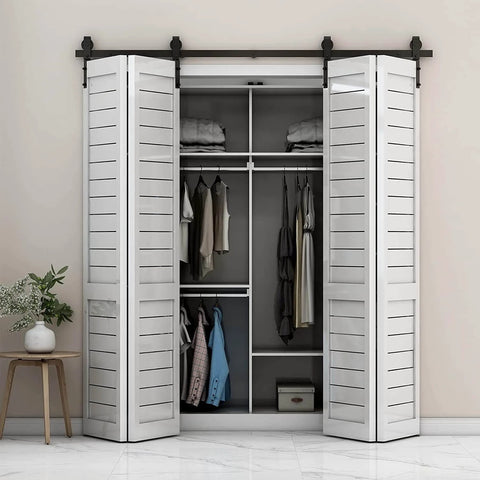 Closet with 52 Inch Bi Folding Sliding Barn Door Hardware Track Kit For Small Spaces With Smooth And Quiet Operation Side Mounted Black Rollers
