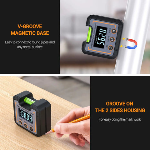 Pro Grade Digital Angle Finder And Level With Magnetic Base On Pipe And Wooden Marking for Carpentry and Masonry Use