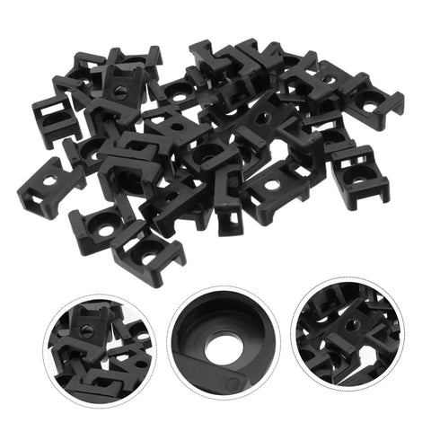Heavy Duty Black Plastic Saddle Cable Tie Clips With Screw Fixing 100 Piece Kit for neat cord management, showing multiple clips.