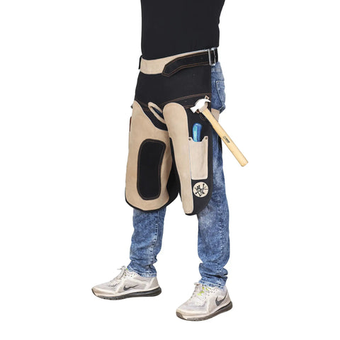 Heavy Duty Farrier Apron Chaps For Men With Cowhide Suede Leather And Canvas 25 Inch Length Side Knife Pockets Magnetic Closures