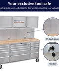 Front view of 72 Inch Rolling Tool Chest With 15 Drawers And 3 Upper Cabinets Stainless Steel Pegboard Workbench