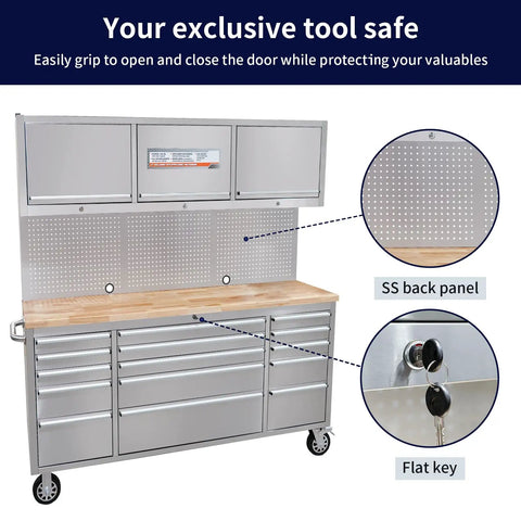 Front view of 72 Inch Rolling Tool Chest With 15 Drawers And 3 Upper Cabinets Stainless Steel Pegboard Workbench
