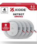Rock Solid Hardwired Smoke Detectors With AA Battery Backup And Interconnectable Wiring For Whole House Coverage Includes Bright LED Indicators And A Kickin Loud Alarm In A Four Pack Setup, displayed in packaging.
