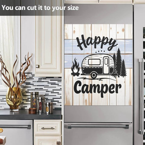 Happy Camper On Wood Magnetic Cover For Refrigerator Front Door And Dishwasher Totally Ultra Strong PVC Coated Magnetic Panel 23x26 Inches