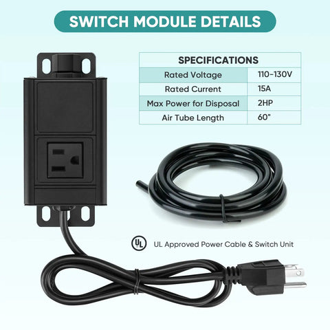 Garbage Disposal Air Switch Kit With Sink Top Push Button For Waste Disposer Up To 2HP Safe With Wet Hands UL Certified Power Module Easy To Install Black Finish Quiet Reliable Kitchen Upgrade, electrical components and specifications.