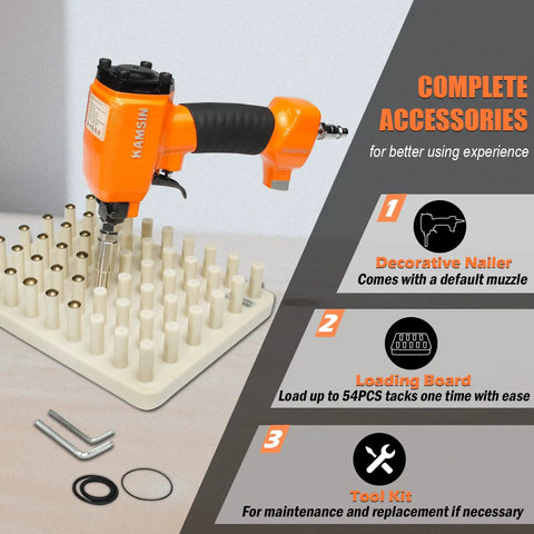 Pneumatic Decorative Nailer For Upholstery Tack Gun with loading board and tool kit for vintage and antique furniture.