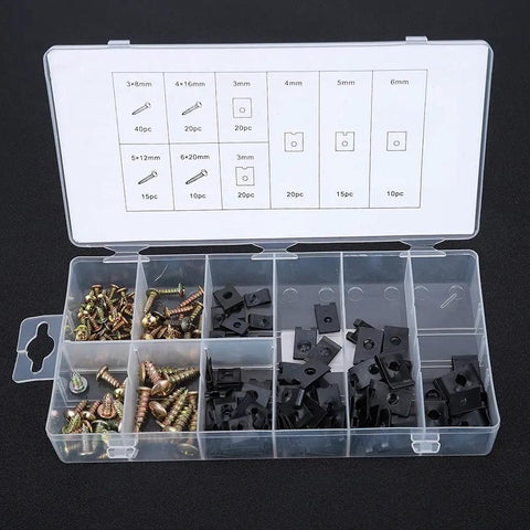 170 Piece U Clip And Screw Set For DIY Projects And Home Improvement Versatile Fasteners Kit With Durable Carbon Steel Screws Great For Repairs Cabinets Woodworking And General Hardware Needs. Organized 170-piece carbon steel U clip and screw set in storage box