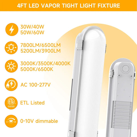 4 Foot LED Vapor Tight Shop Light With Adjustable Power And CCT 7800 Lumens IP65 Waterproof Dustproof ETL Listed AC100 277V