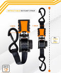 No-Tangle Auto Retractable Ratchet Straps 1 Inch by 6-Foot Four Pack with Rubber Coated Handles and S Hooks displayed in packaging