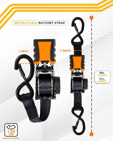 No-Tangle Auto Retractable Ratchet Straps 1 Inch by 6-Foot Four Pack with Rubber Coated Handles and S Hooks displayed in packaging