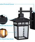 Outdoor Dusk-To-Dawn Wall Light With E26 Base, Waterproof Anti-Rust Exterior Fixture, Water Ripple Glass Shade For Porch Garage Doorway, UL Listed Black, No-Fuss Auto On At Night, Pack Of 2