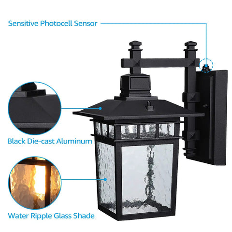 Outdoor Dusk-To-Dawn Wall Light With E26 Base, Waterproof Anti-Rust Exterior Fixture, Water Ripple Glass Shade For Porch Garage Doorway, UL Listed Black, No-Fuss Auto On At Night, Pack Of 2