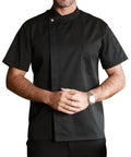Kickass Black Men Chef Coat With Dope Breathable Mesh Short Sleeve Lightweight Jacket For Kitchen And Bakery Uniform featuring a utility pocket.