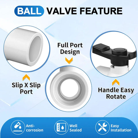Features of 2-Pack One And One-Half Inch Slip PVC Ball Valves With Double Socket Full-Flow Port DIY Friendly Water Shut Off Valve