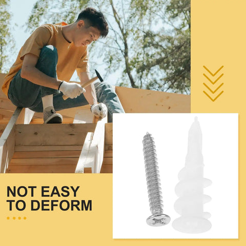 Drywall Anchors And Screws Kit 50 Sets Easy Install Stainless Steel And Plastic Construction For Hanging Mirrors And Shelves In Home Reno And DIY Projects image of young man installing wooden beam with tools visible.