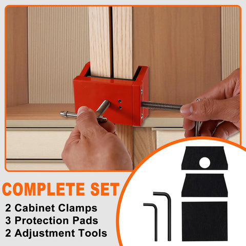 Hands using Pro Grade Cabinet Clamps With Built-In Drill Aligner, 2 Pack Face Frame Alignment Tool Set for kitchen cabinet install.