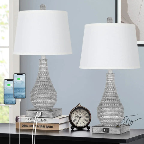 Two Rustic Vase Table Lamps For Bedroom And Living Room, Touch Activated Bedside Lamps With USB Ports, 3 Way Dimmable Nightstand Lighting, Includes 2700K Edison Bulbs, Cozy Modern Farmhouse Vibe