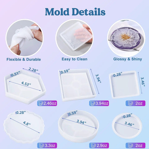 Various silicone molds for Coaster Making Kit With Epoxy Resin 16oz Molds Mica Powder Gold Flakes Mixing Cups Gloves And More