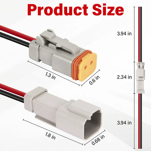 Dimensions and details of 2 Pin Wiring Harness Connector Kit Plug And Play 2 Male 2 Female Waterproof Automotive Electrical Connectors 16 AWG