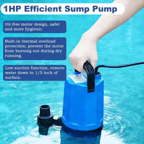 Person using Beefed Up 1 HP Submersible Sump Pump With 4500 GPH Flow in clear water, showcasing portability and efficiency.