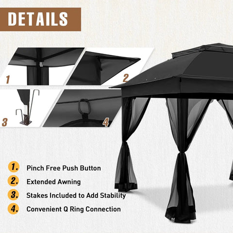 11x11 Pop Up Gazebo Tent With Mesh Netting, Instant Outdoor Canopy With UPF 50 Plus UV Protection, Water Resistant, Black, Quick Setup