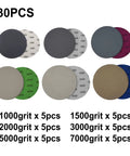 30 Pcs 5 Inch Wet Dry Sandpaper Discs Super Silicon Carbide Assortment For Auto Paint Correction different grit levels displayed.