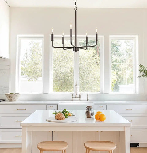 Modern 22 Inch 5 Light Candle Style Chandelier In Oil Rubbed Bronze Finish With Open Frame Design Ideal For Entryway Or Dining Room Sleek Hanging Fixture With Classic Uplight in a kitchen setting.