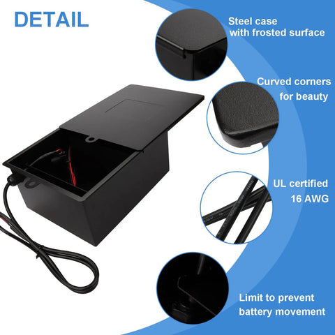 Hella Spacious Gate Opener Battery Box That Kicks Butt Holding Two 12V 12Ah Lead Acid Cells For 12 And 24V Automatic Gates And Deer Feeders Rugged Durable Case Boosts Runtime Legit Heavy Duty Upgrade No Batteries Included, showing steel case with lid open.