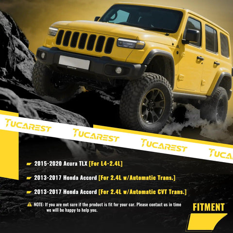Yellow SUV off-road vehicle on rocky terrain with text overlay for Acura TLX and Honda Accord compatibility.