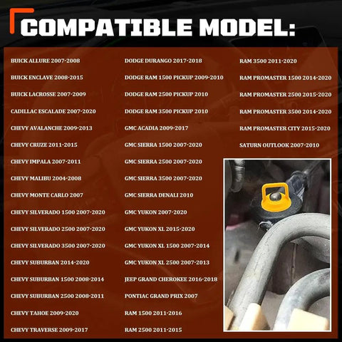 Compatible models list for Transmission Shifter Linkage Cable Bushing Repair Kit For Chevy GMC Dodge Ram with image of yellow bushing.