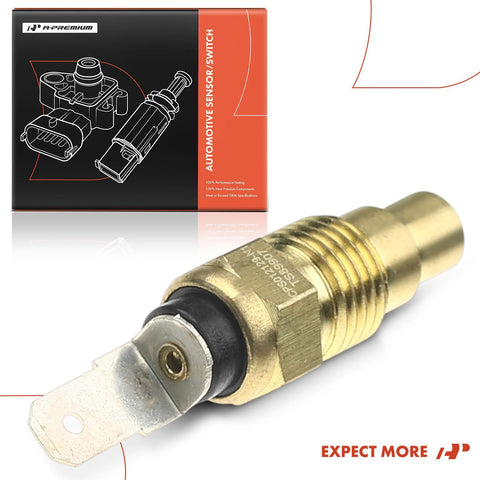 Close-up of A-Premium engine coolant temperature sensor with brass threaded body and black seal
