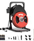 Heavy Duty Electric Drain Snake And Power Auger With Auto Feed, 50 Foot Steel Core Cable and accessories on a black stand.