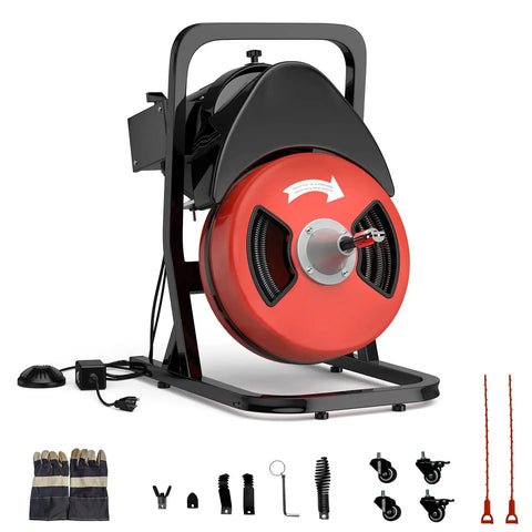 Heavy Duty Electric Drain Snake And Power Auger With Auto Feed, 50 Foot Steel Core Cable and accessories on a black stand.