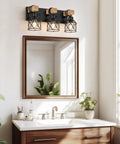3 Light Farmhouse Vanity Light above bathroom mirror, rustic wood and black metal cage, warm ambient lighting, matte black finish.