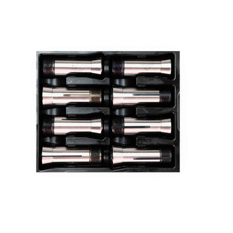 8 Piece Precision 5C Round Collet Set With 0.0005 Inch Tolerance, Laser Marked Sizes, Ground Mating Surfaces, And 1.238-20 External Threads For Pro Grade CNC And Lathe Work in black storage case.