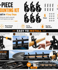 Six Pack Shovel Mounts for Truck Bed and Roof Rack installation guide with brackets, rubber straps, screws, and nuts.