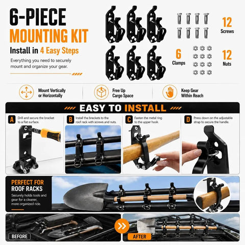 Six Pack Shovel Mounts for Truck Bed and Roof Rack installation guide with brackets, rubber straps, screws, and nuts.