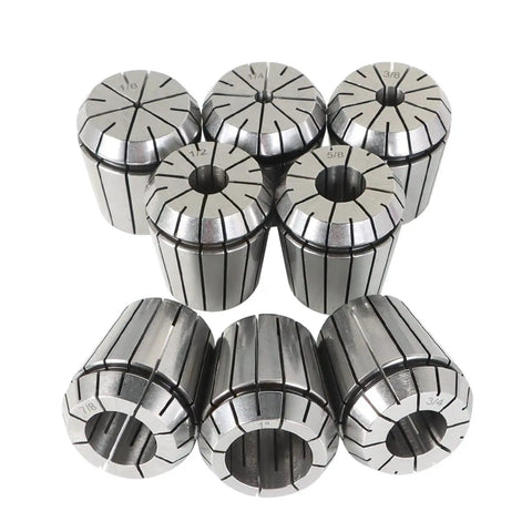 Beefy 10-Piece Collet Chuck Set With NMTB 40-Taper, 2 To 26 mm clamping, eight ER40 collets close-up, CNC tool holder kit.