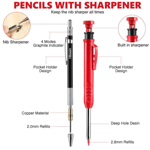 10 Pack Mechanical Carpenter Pencils Set With Sharpener Deep Hole Marker 2.8mm Refills showing black and red pencils with features labeled.