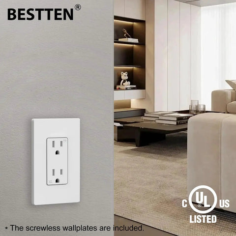 15 Amp Decor Receptacle Outlet With Tamper Resistant Shutters in a modern living room, White Decorator Wall Outlet, UL Listed.