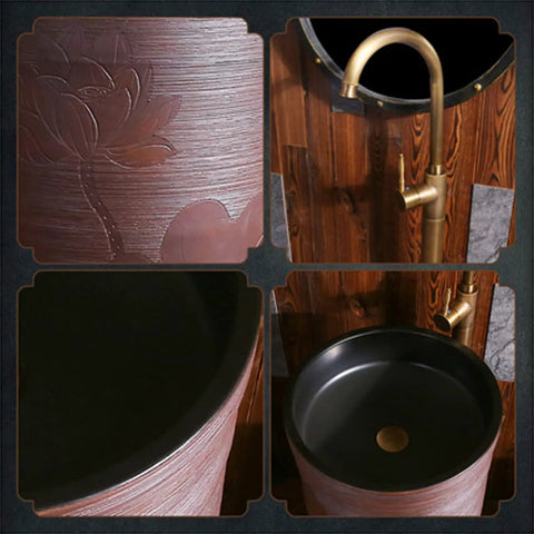 Slick Heavy Duty Ceramic China Vessel Sink And Pedestal Basin Combo With Built In Faucet Niche Pre Drained Port, detailed view.